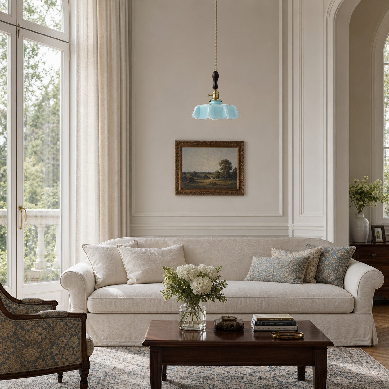 Vintage scalloped opaline glass pendant light view 2