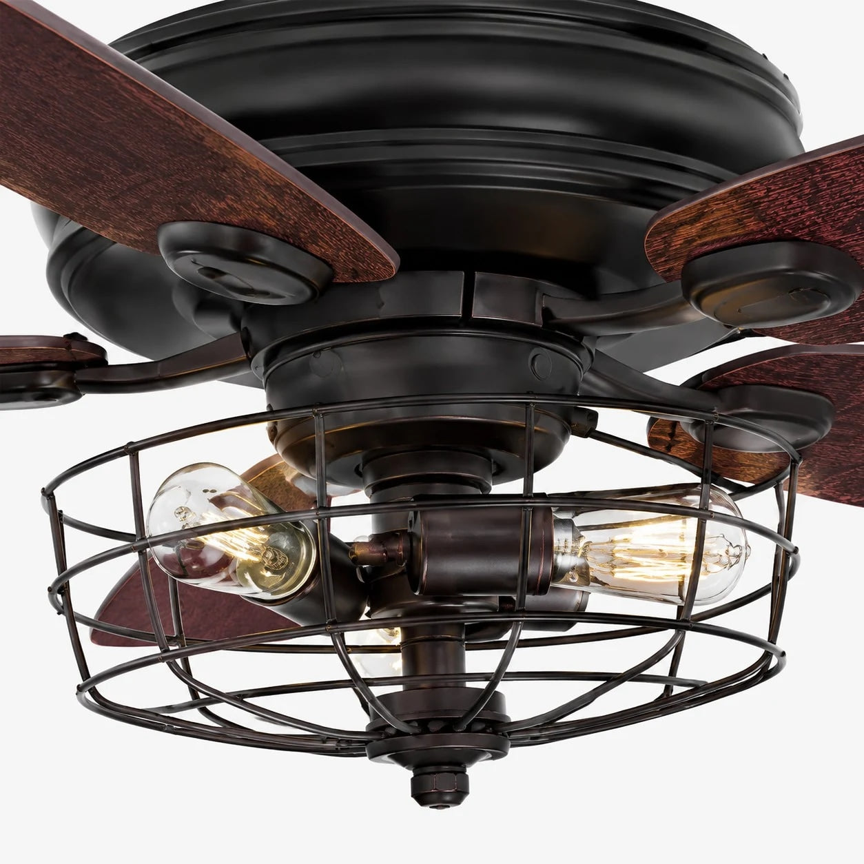 Low angle view of vintage caged ceiling fan light