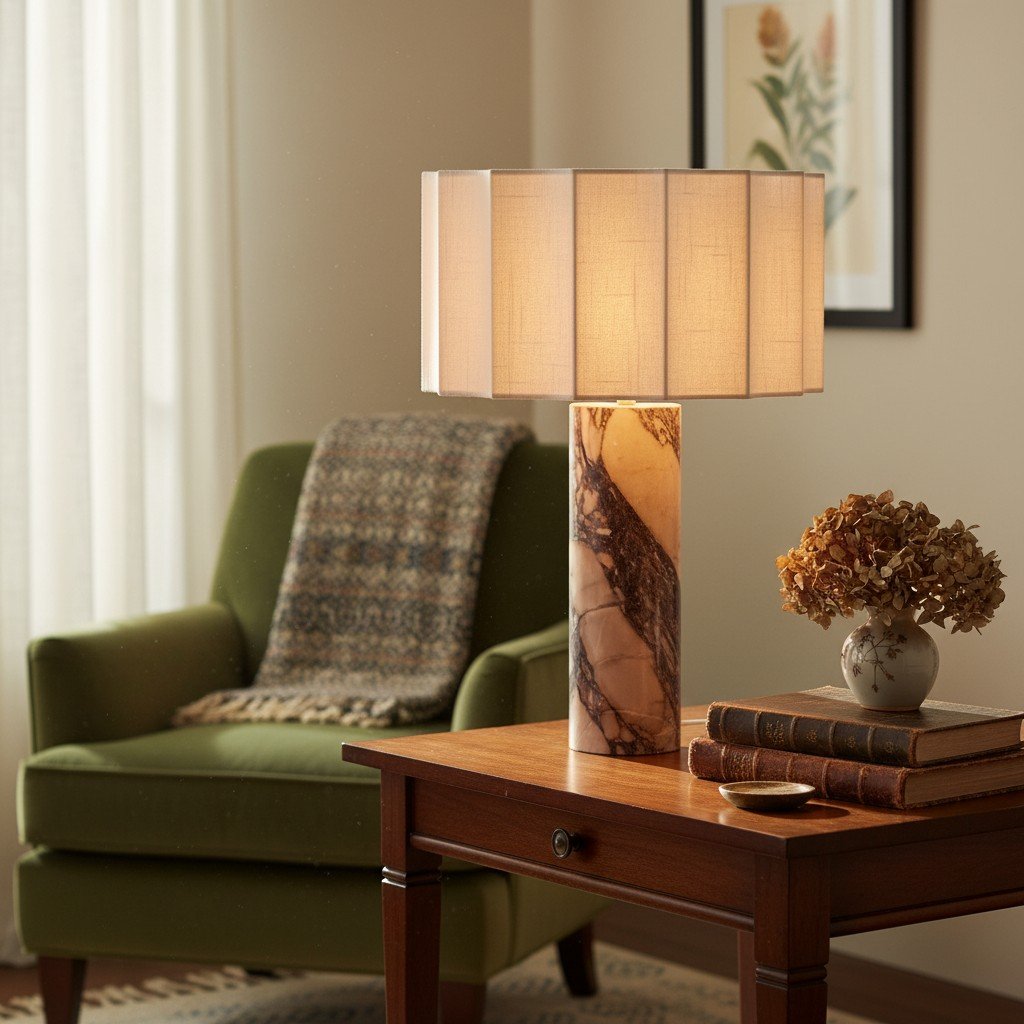 Cavilon Table Lamp with Fan-Shaped Linen Shade - Stone Finishes Suitable for Living Rooms