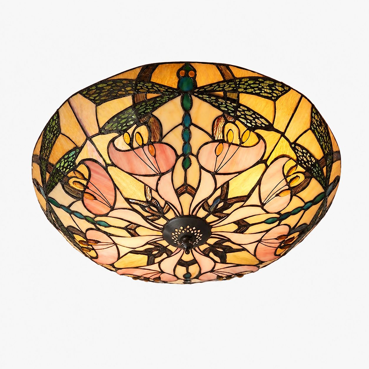TF Ashton Tiffany Dragonfly Motif Tiffany Glass Flush Surface Mount - Transitional Style for Bedrooms and Lounge Spaces