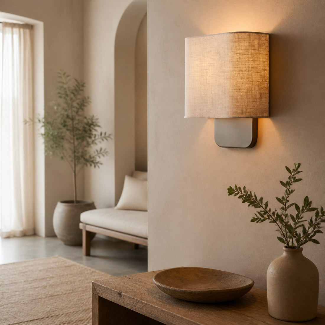Nolvara Contemporary Fabric-Shade Wall Light – Minimalist Metal Fixture for Bedroom Hallway