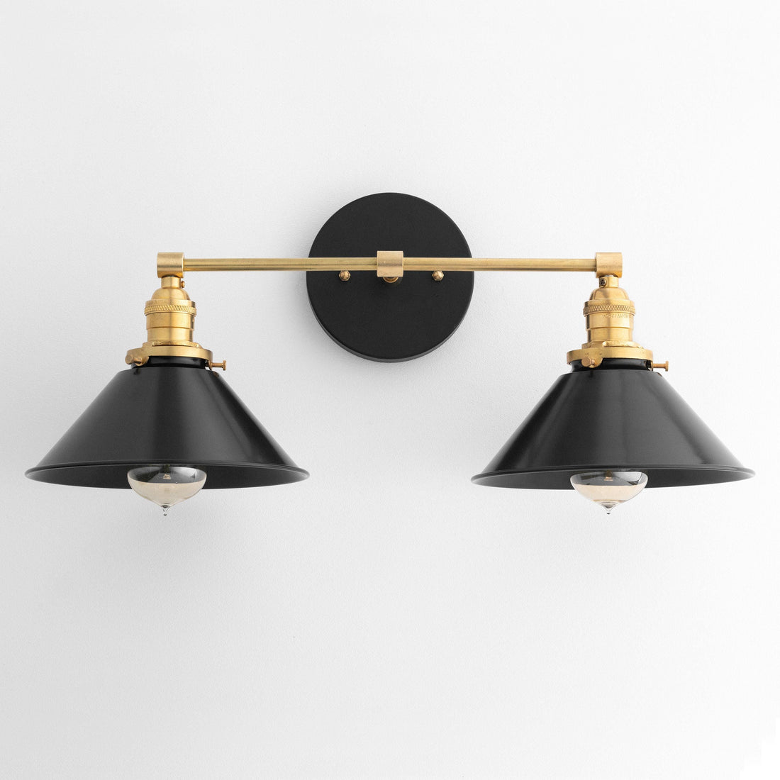 Conique Metal Dual Black Sconce with Cone Shades - Industrial Vanity Wall Light for Mirror