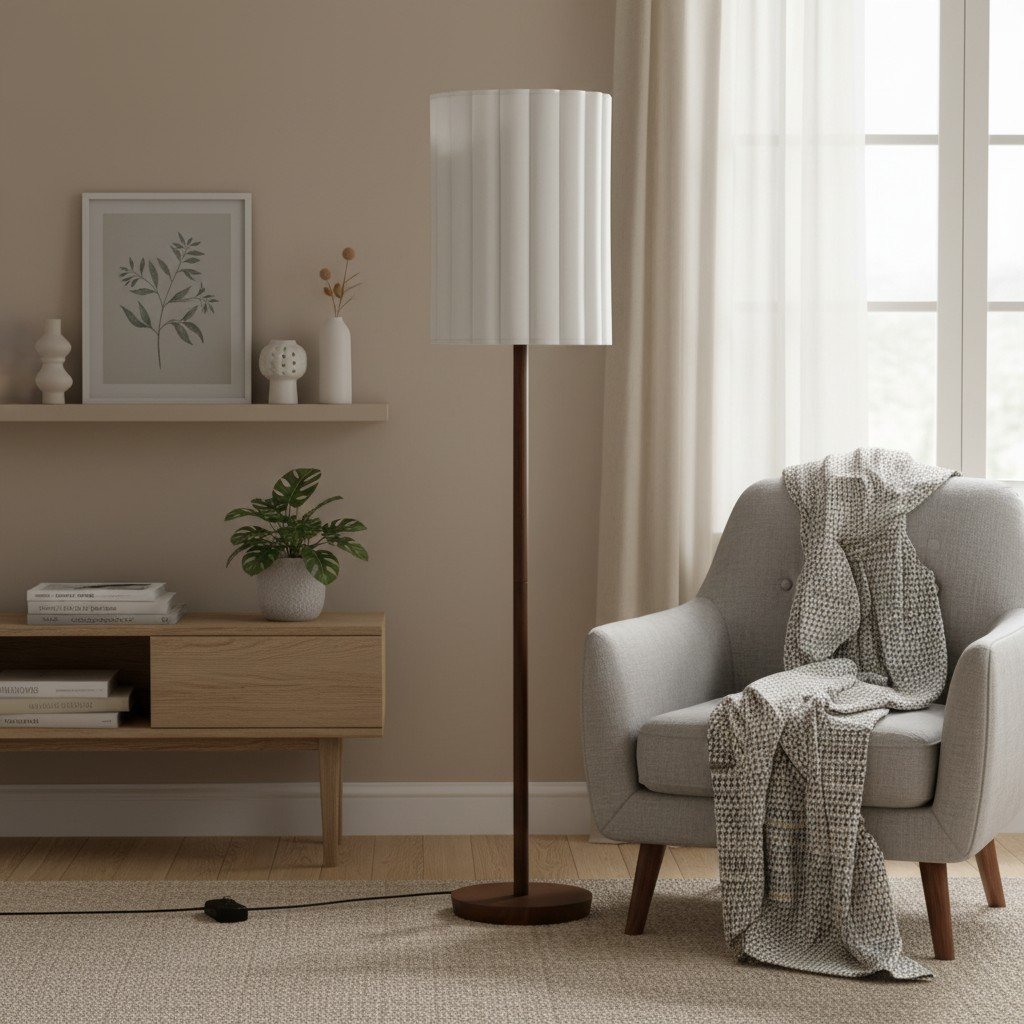 Linbron Walnut Wood Floor Lamp with Fluted Linen Shade – Modern Natural Home Decor
