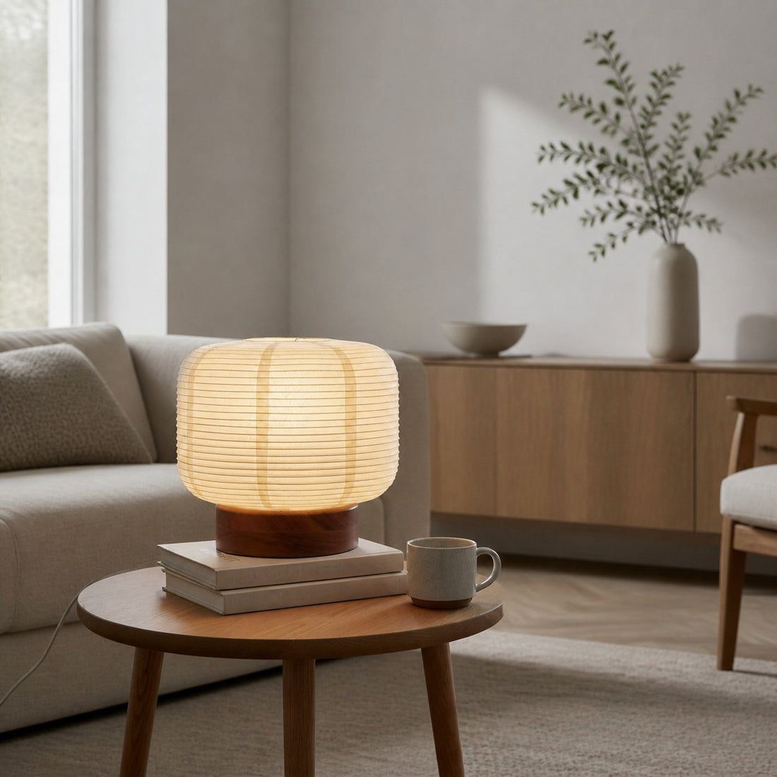 Tivo Japanese Ribbed Lampshade Compact Table Lamp - A Minimalist Paper Lantern Design with Wood Base