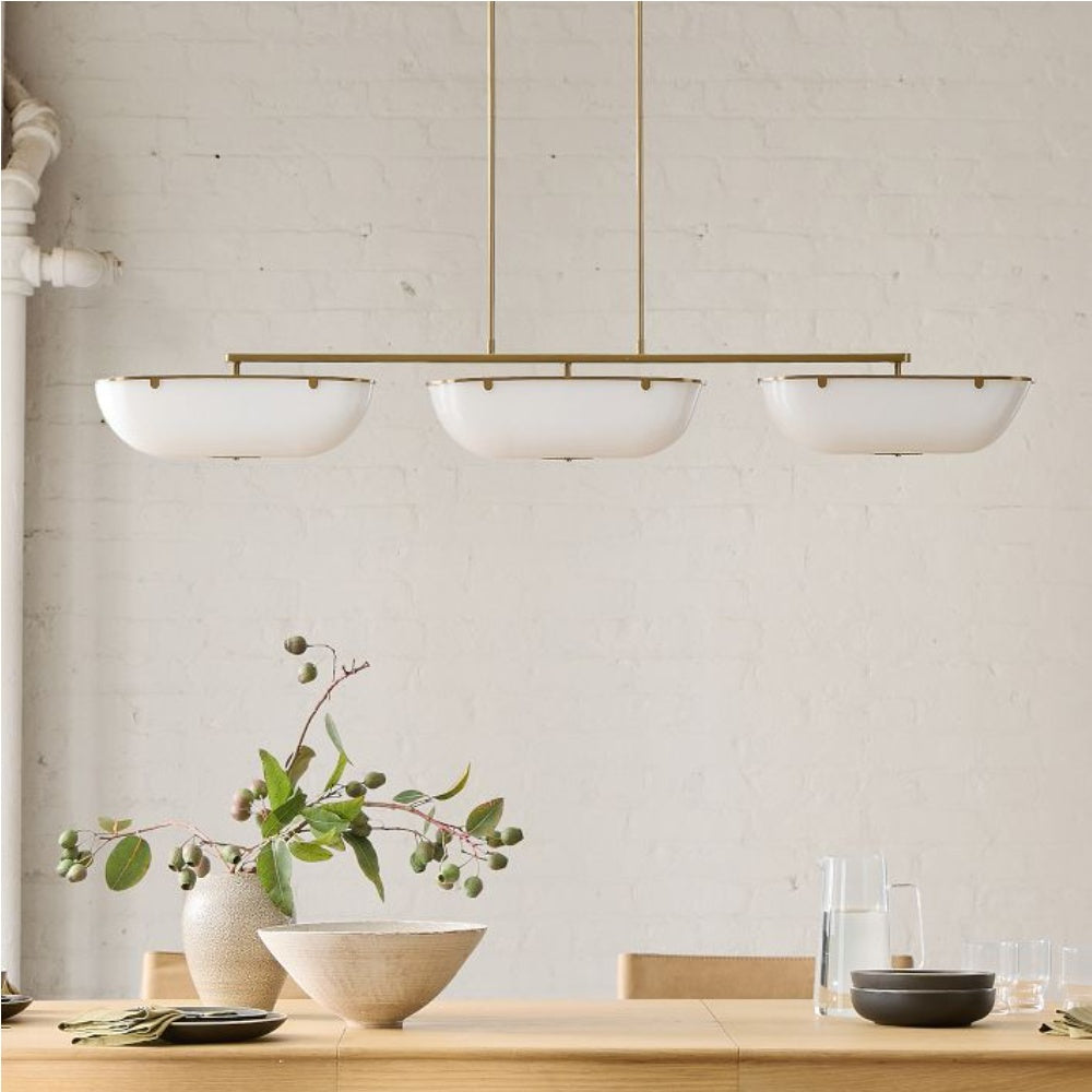 Ferosa Boat-Shaped Lampshade Linear Chandelier - Antique Brass with Milk Glass