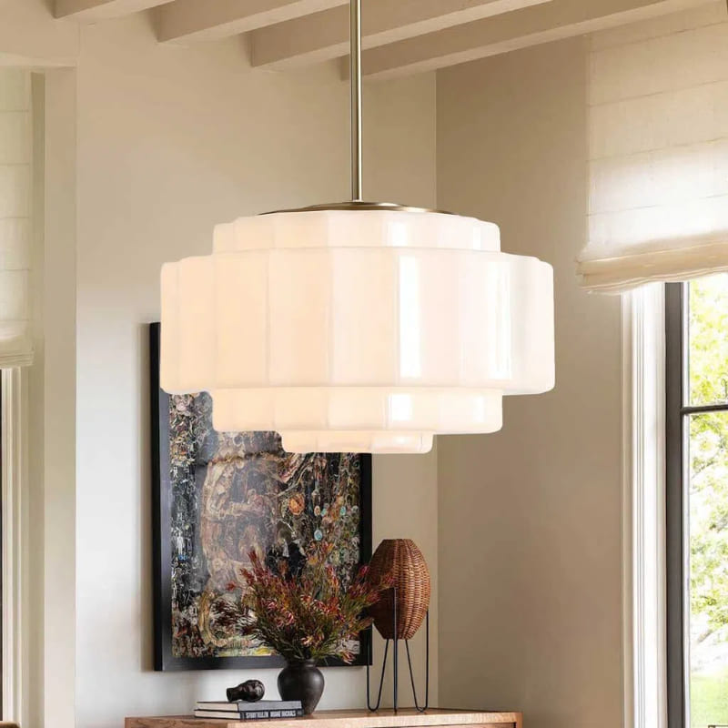 Tiered Milk Pendant Light - Antique Brass Glass Light Fixture