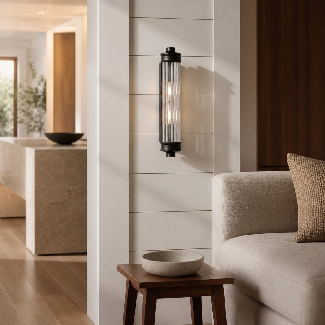 Bravira Ribbed Cylindrical Glass Wall Sconce - Modern Nordic Wall Light for Hallway and Living Space U03