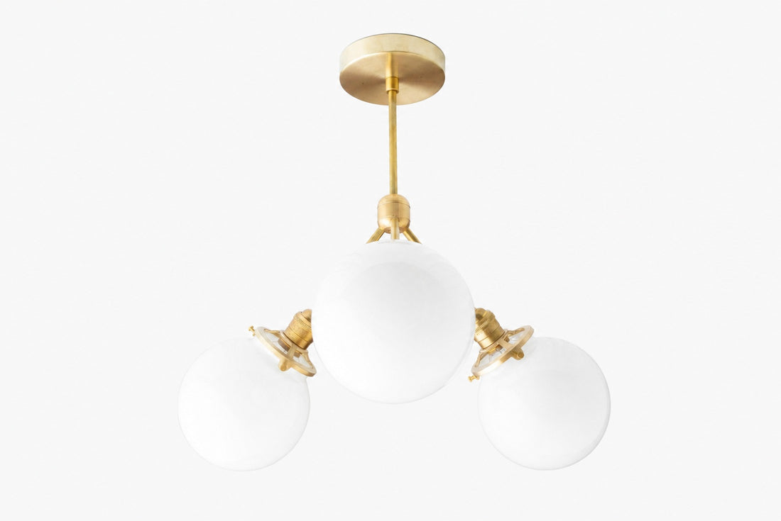 Glorica Glass Chandelier - Brass Globe Ceiling Light with Opal Shade