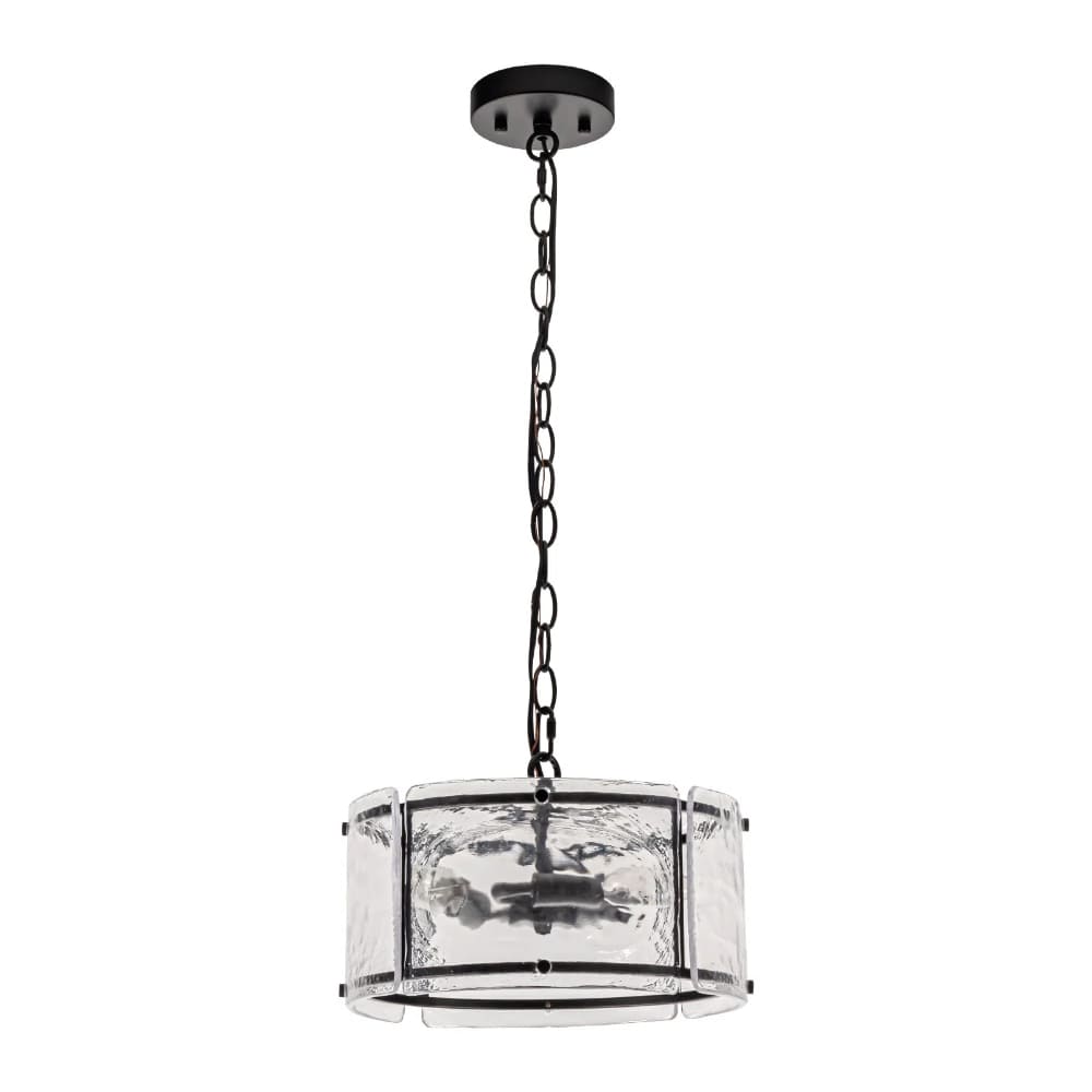 Water Ripple Drum Pendant Light - Matte Black Clear Glass 3-Light Chandelier