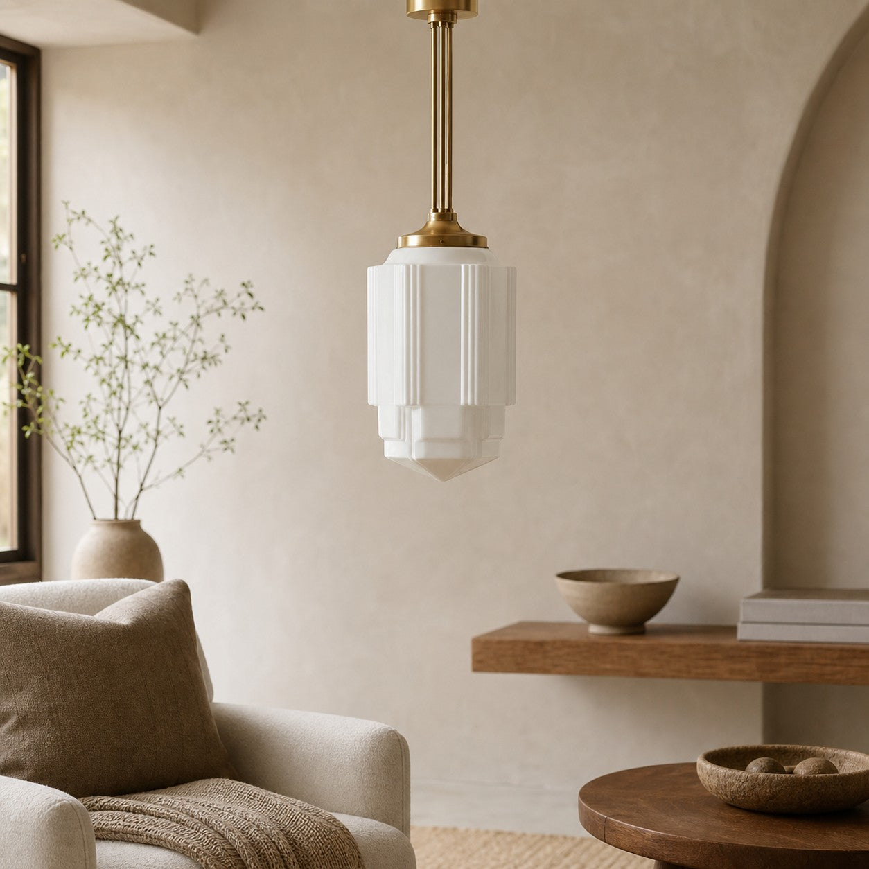 Geotower Glass Brass Pendant – Opal Globe Art Deco Hanging Light