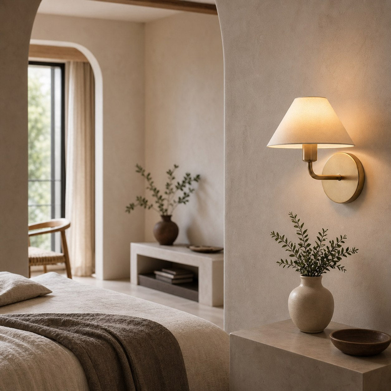 Gilda Fabric Drum Shade Wall Sconce - Modern Brass Accent Light for Bedroom and Hallway