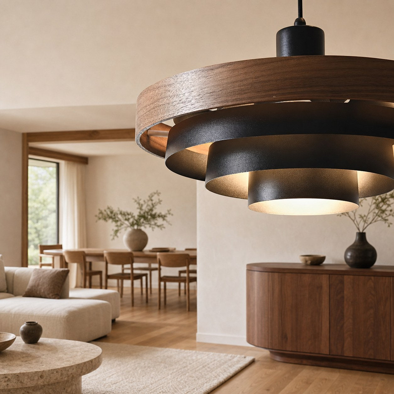 Layervelle Contemporary Tiered Pendant Light – Sculptural Wood and Metal Hanging Lamp for Living Spaces