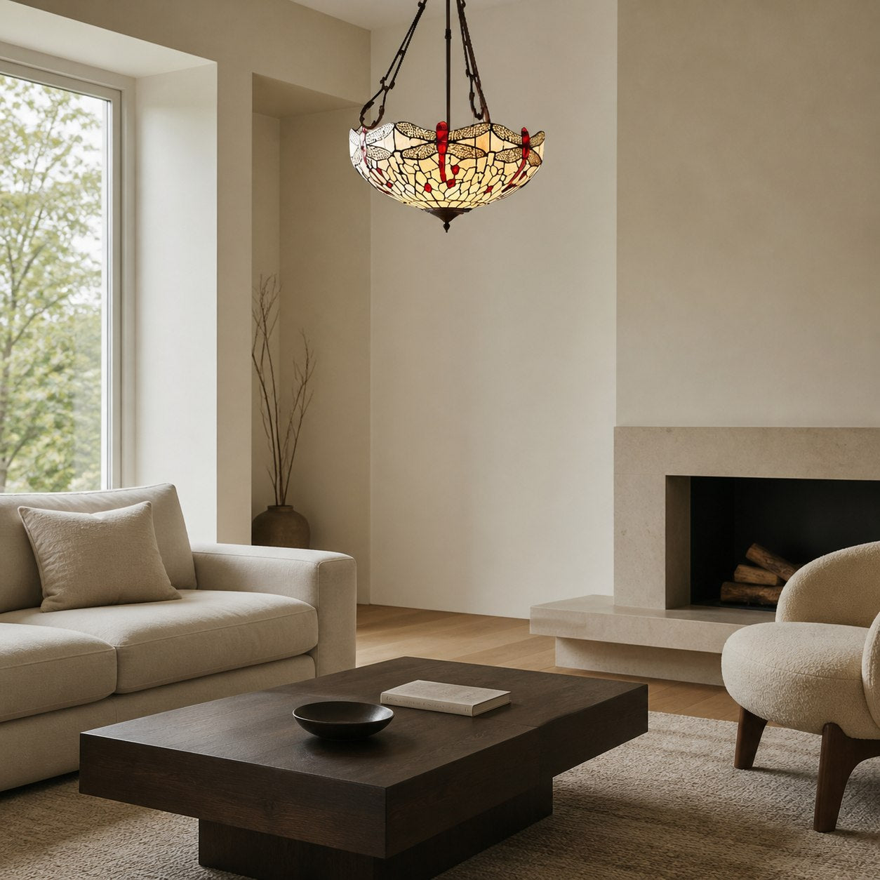 TF Dragonfly Beige Tiffany Pendant Lamp – Elegant Stained Glass Fixture for Dining Room and Bedroom