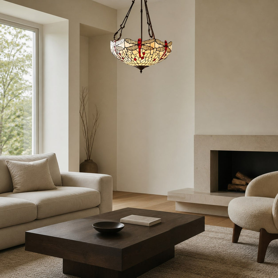 TF Dragonfly Beige Tiffany Pendant Lamp – Elegant Stained Glass Fixture for Dining Room and Bedroom