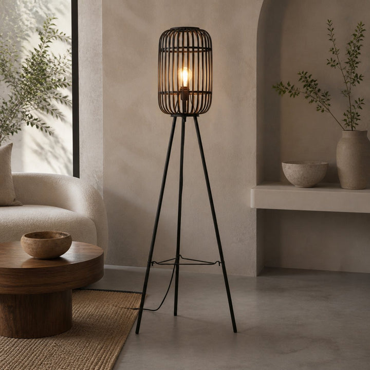 Yumeko Natural Woven Floor Lamp – Modern Scandi Bamboo Shade Standing Lamp for Bedrooms or Living Rooms