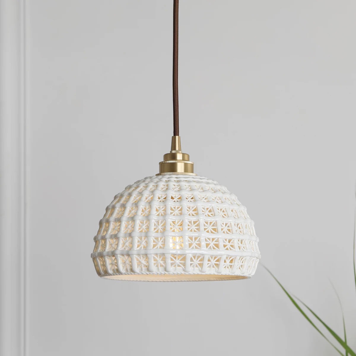 Traditional Japanese Brass Walnut Glass Ceramic Cylinder Conic Flower Bowl 1-Light Pendant Light For Dining Room