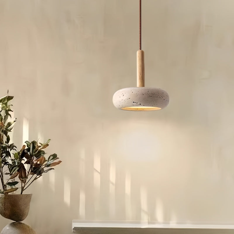 Traditional Japanese Round Wood Travertine Pendant Light