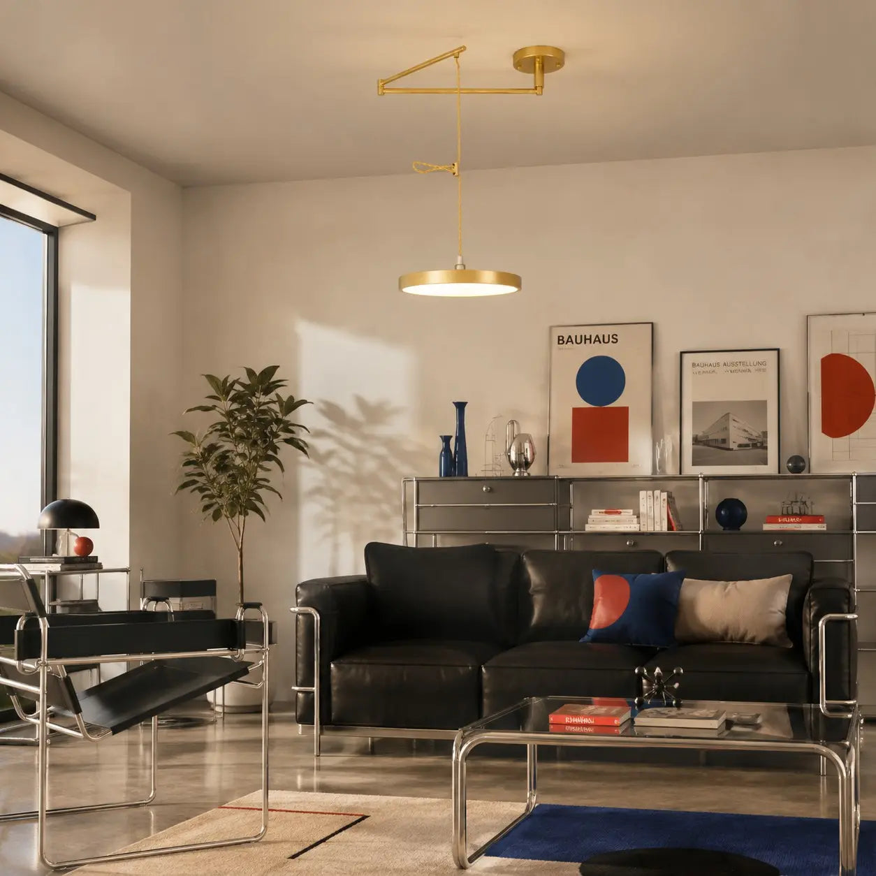 Gold movable pendant light in a Bauhaus-inspired living room