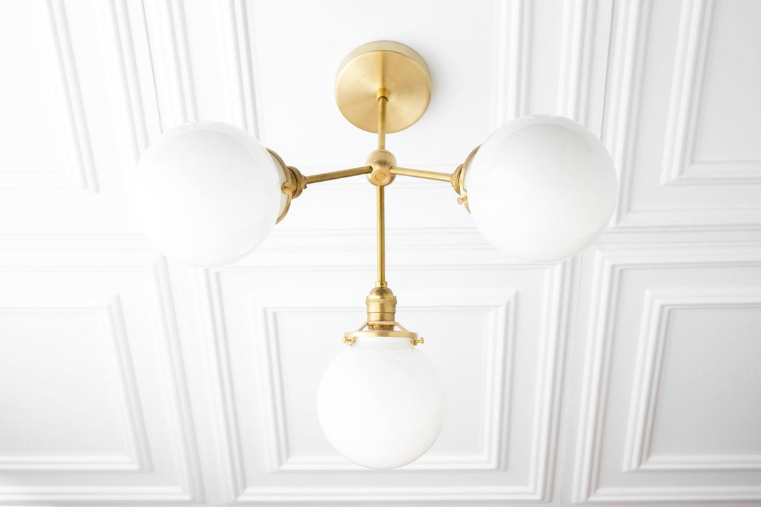 Glorica Glass Chandelier - Brass Globe Ceiling Light with Opal Shade