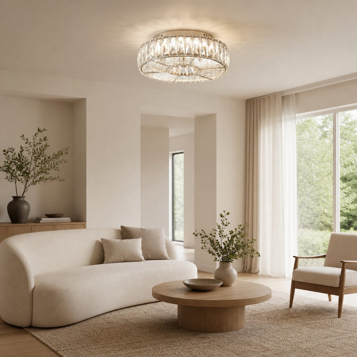 Clereon Elegant Round Flush Mount Ceiling Light – Modern Glass Design for Living Room