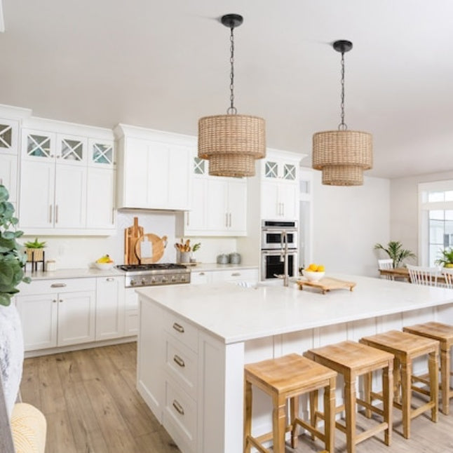 Natural Rattan Double Drum Pendant Light With Black Canopy