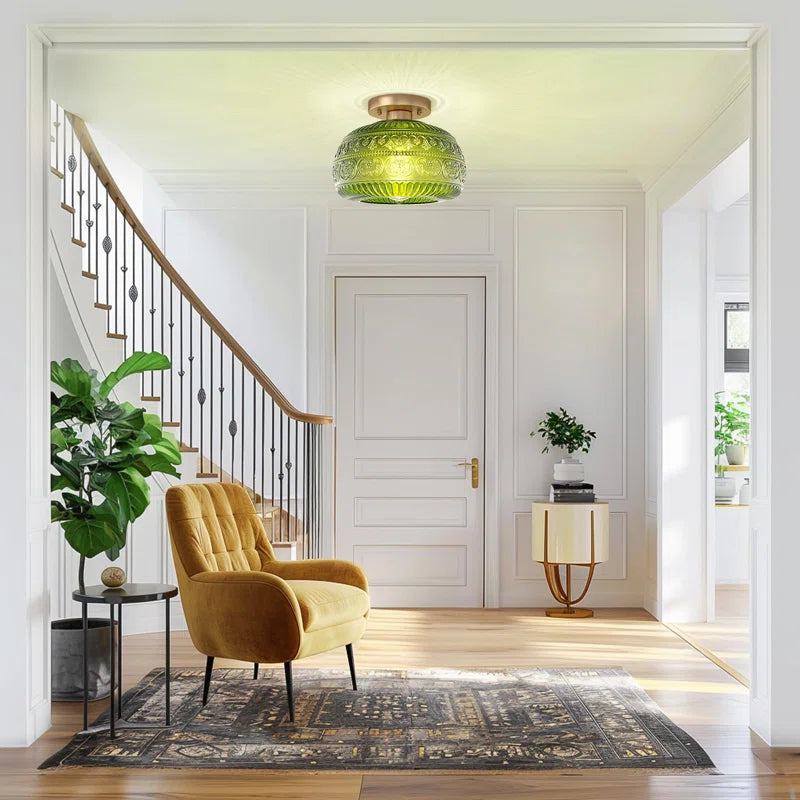 Vintage Glass Semi Flush Mount Ceiling Light with Flora Engraved Pattern