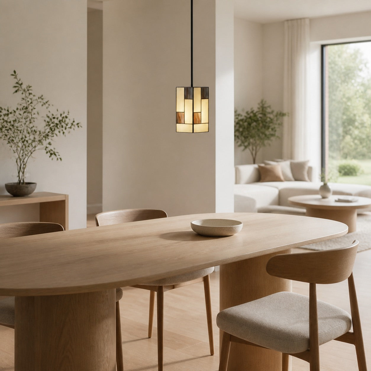 TF Manchester Art Deco Pendant Light – Geometric Stained-Glass Hanging Lamp for Living Room or Dining