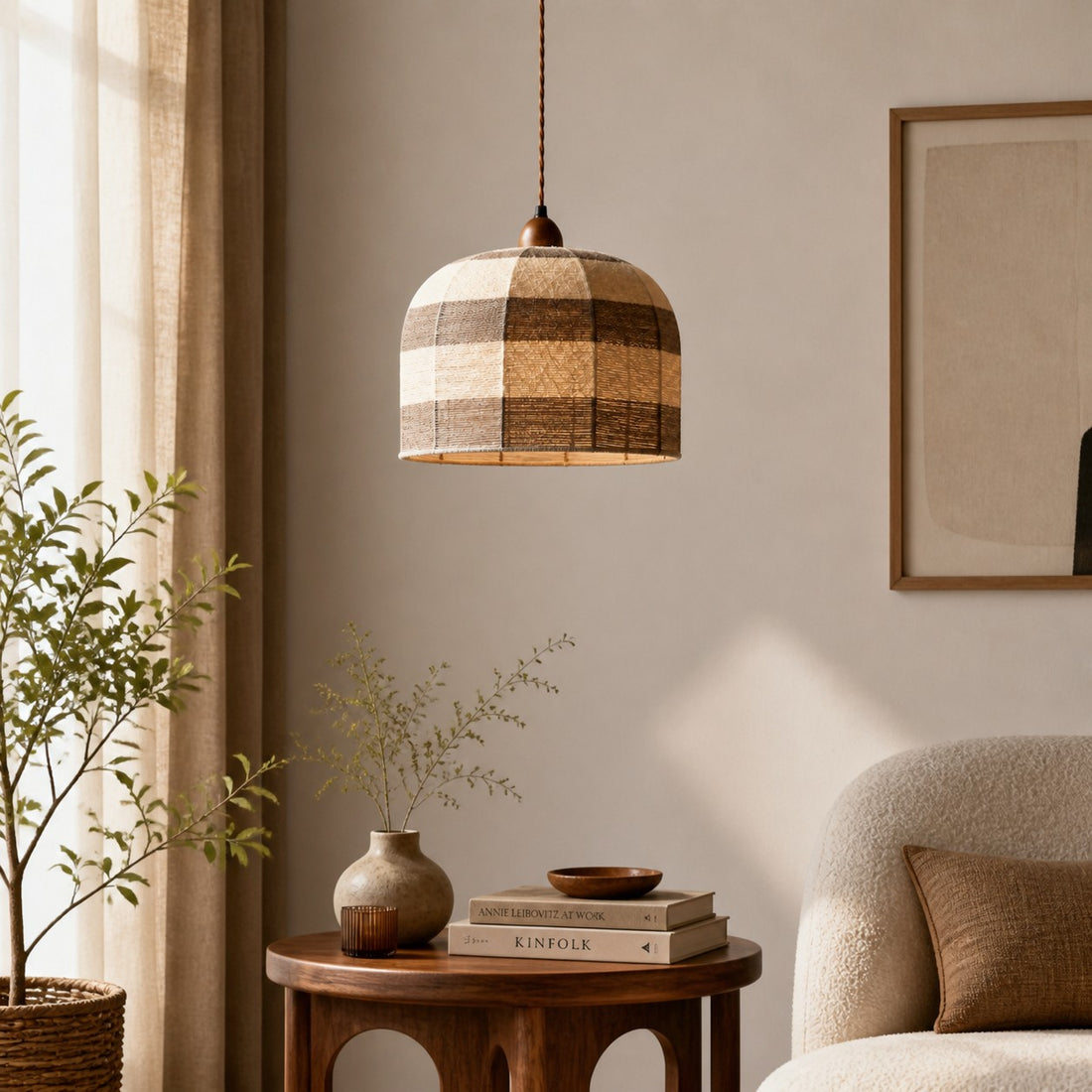 Walnut cup patchwork pendant light beside a calm living area