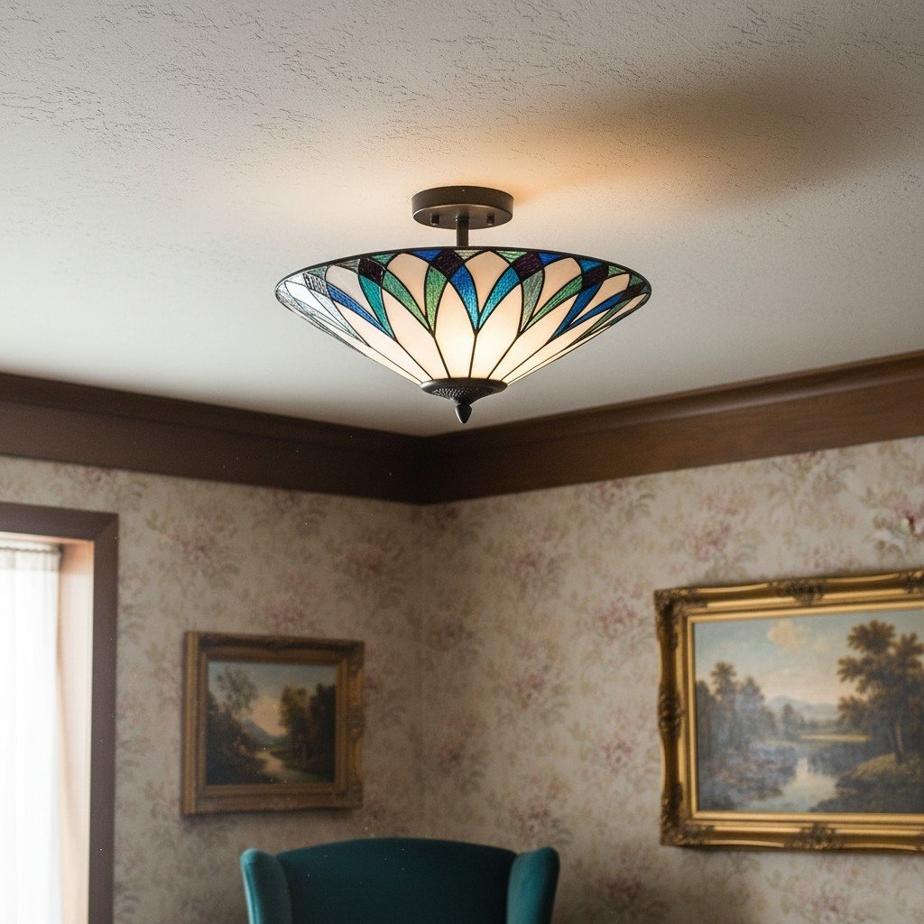 TF Allanton Tiffany Semi Flush Ceiling Light – Art Nouveau Patterned Shade for Living or Dining