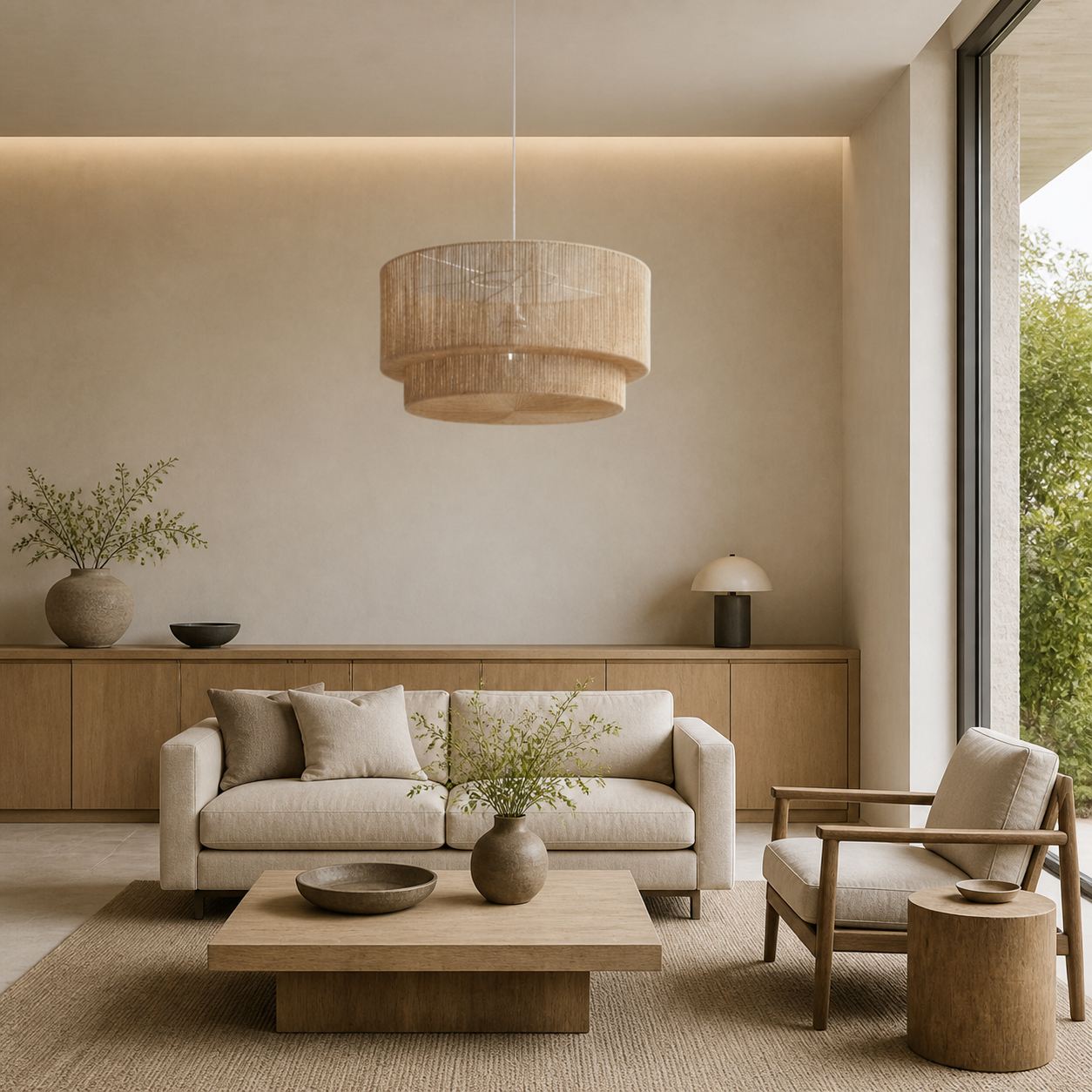 Florevian Woven Jute Hanging Light - Boho Chic Drum Pendant for Living or Dining