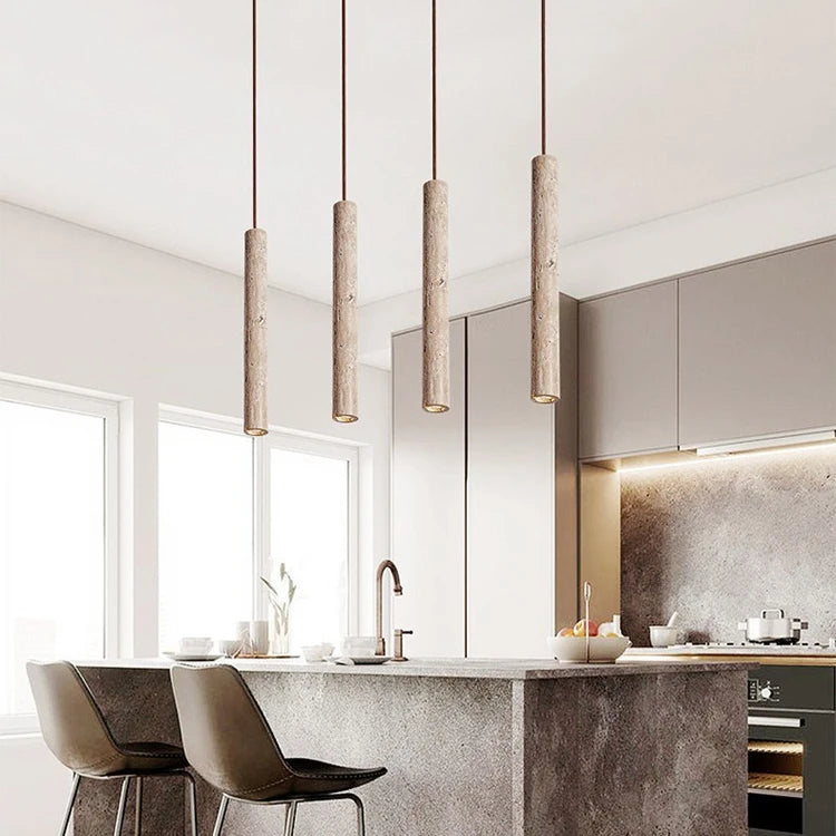 Japanese Wabi Sabi Yellow Travertine Cylinder 1-Light Pendant Light