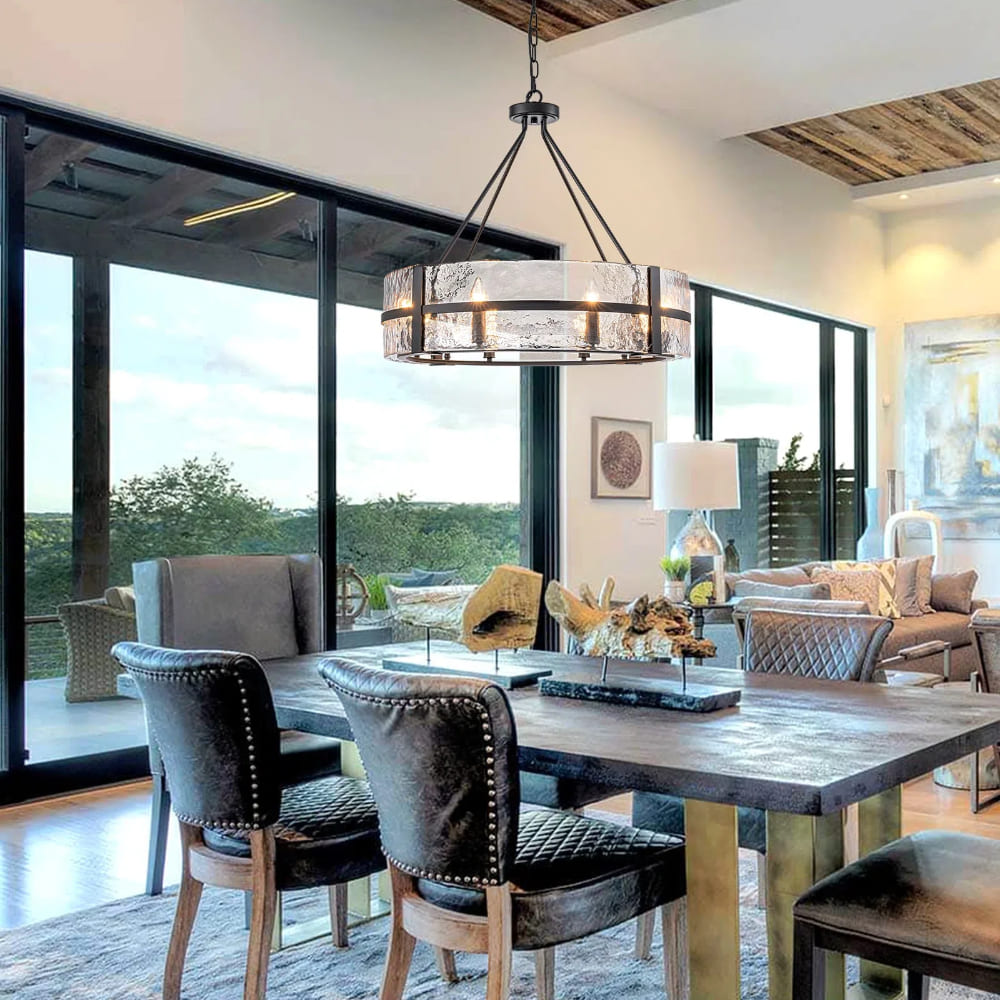 Modern Wide Drum Pendant Lamp – Clear Glass Chandelier For Living Room