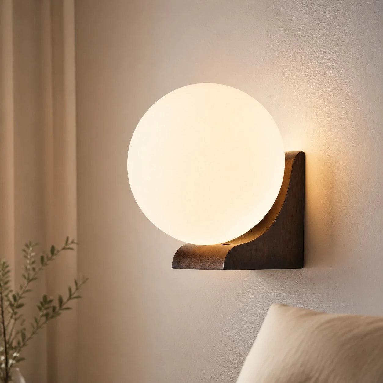 One-head Walnut globe wall sconce in a warm bedroom