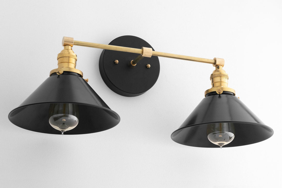 Conique Metal Dual Black Sconce with Cone Shades - Industrial Vanity Wall Light for Mirror