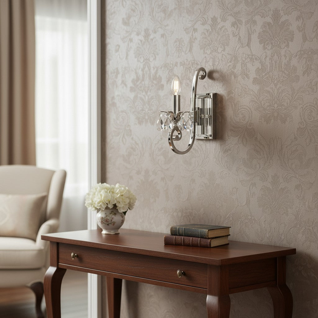 Talonis Crystal Accent Wall Light – Curved Chrome Arm Design for Living and Hallway Spaces