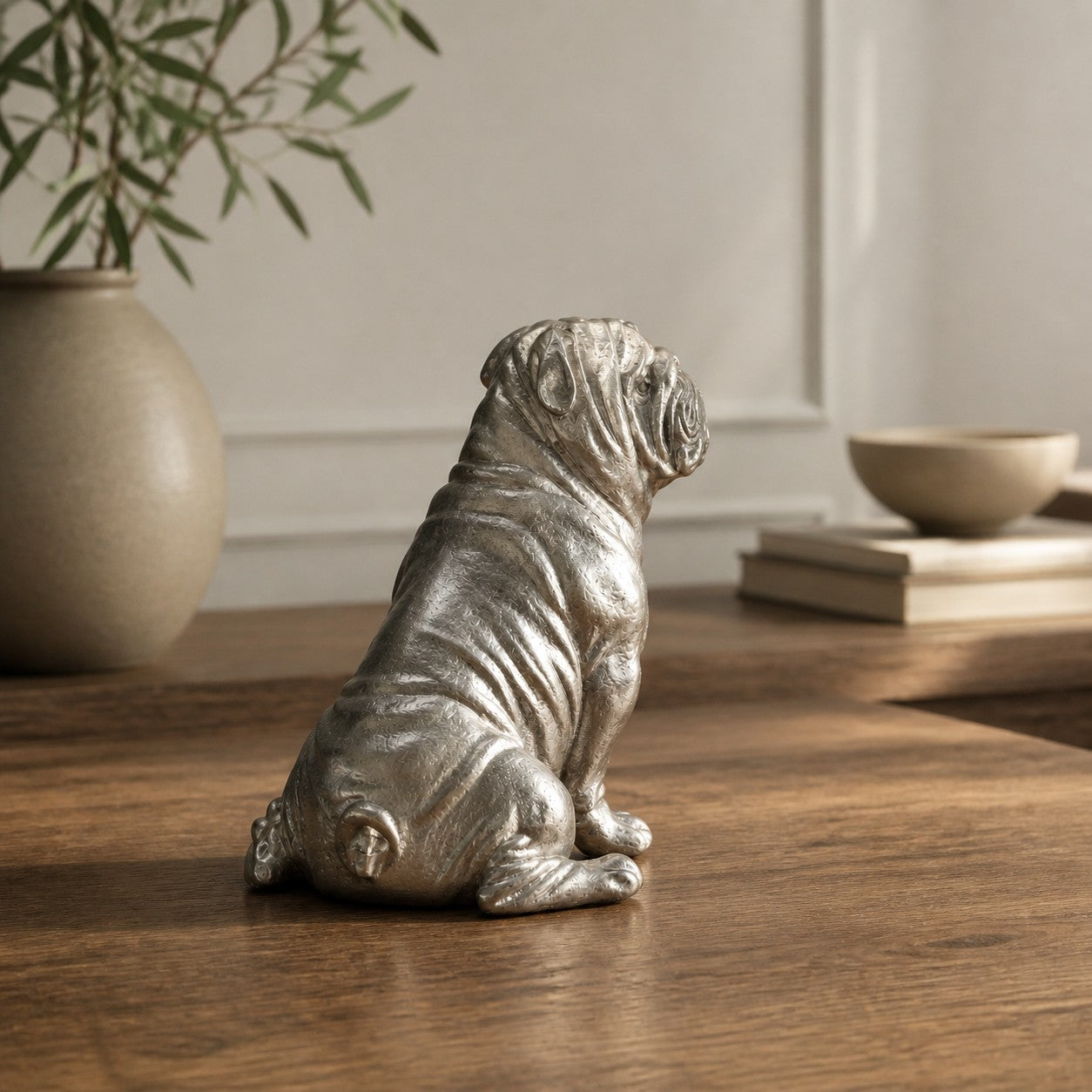 Floxo white copper bulldog sculpture in a bright interior