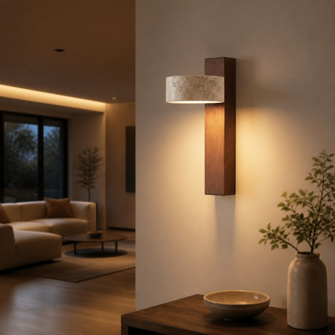 Waloria Contemporary Wall Lamp – Minimalist Wooden Fixture with Natural Stone Shade for Living Room N56