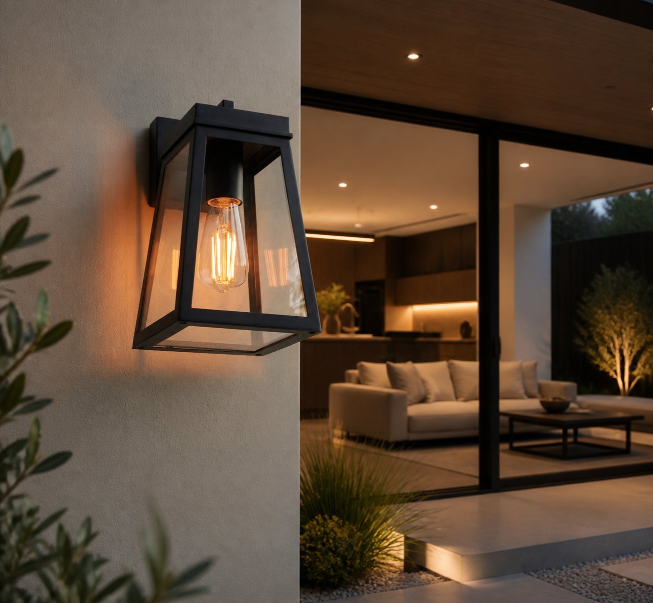 Trevanta Clear Glass Black Outdoor Lantern Wall Light - Modern Exterior Lighting
