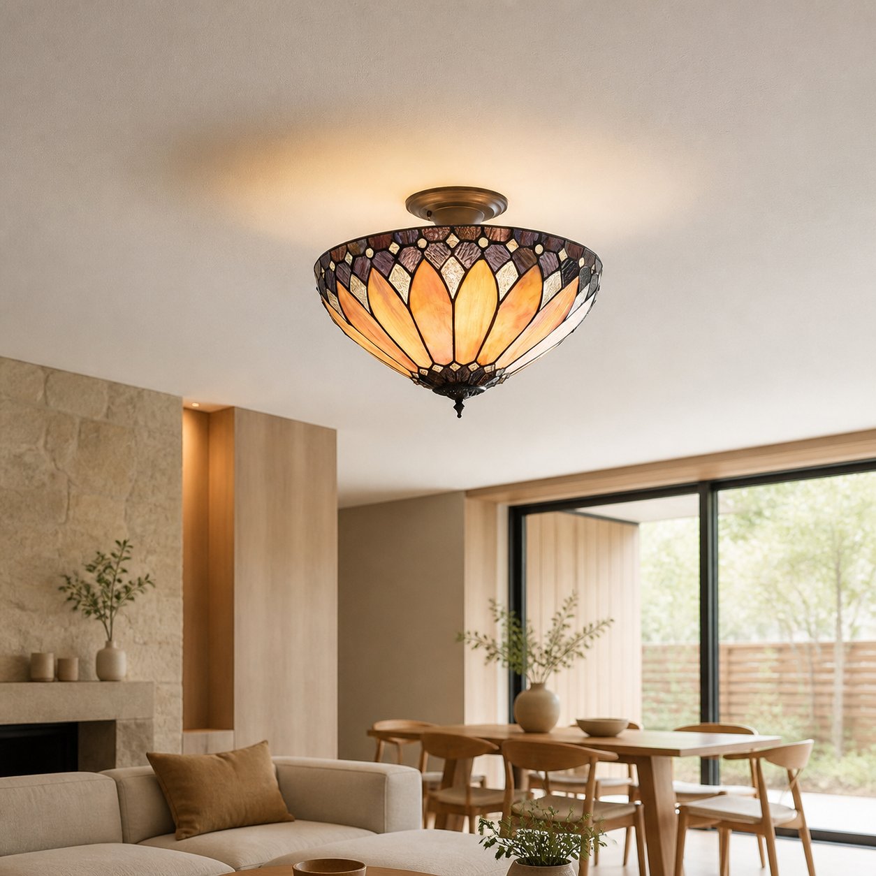 TF Brooklyn Tiffany Semi-flush Ceiling Light - Geometric Glass Shade for Hallways or Living Rooms