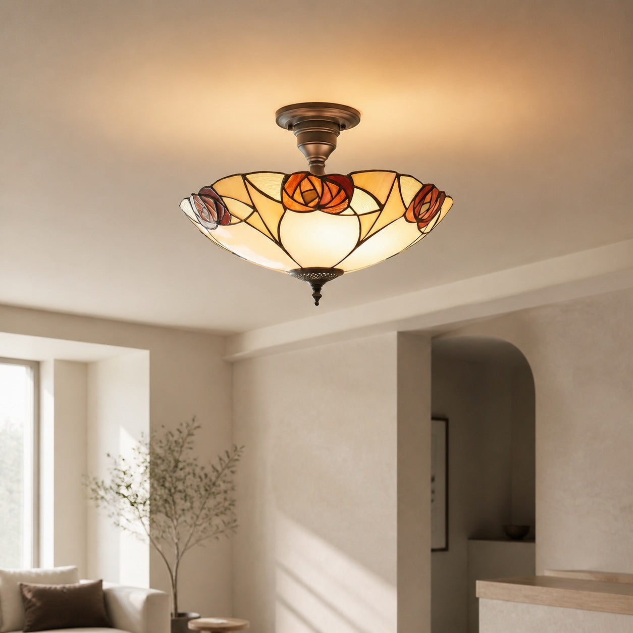 TF Ingram Handcrafted Stained Glass Ceiling Lamp – Vintage Art Deco Tiffany Light for Dining Room