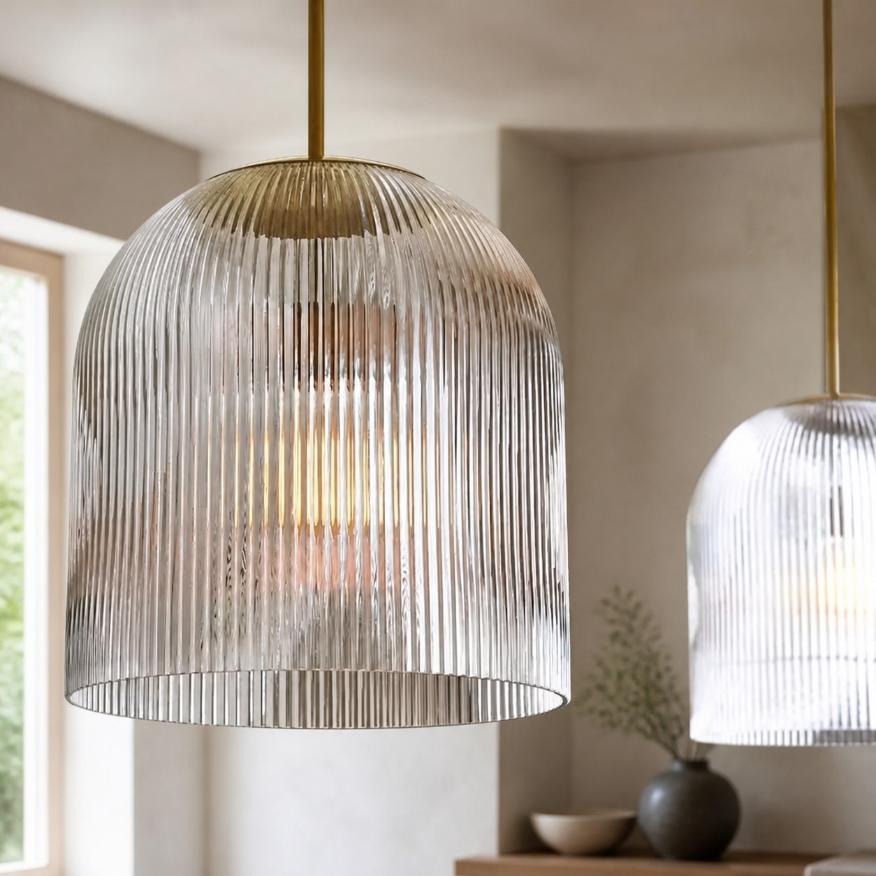 Alain Farmhouse Cooper Ribbed Glass Pendant Light