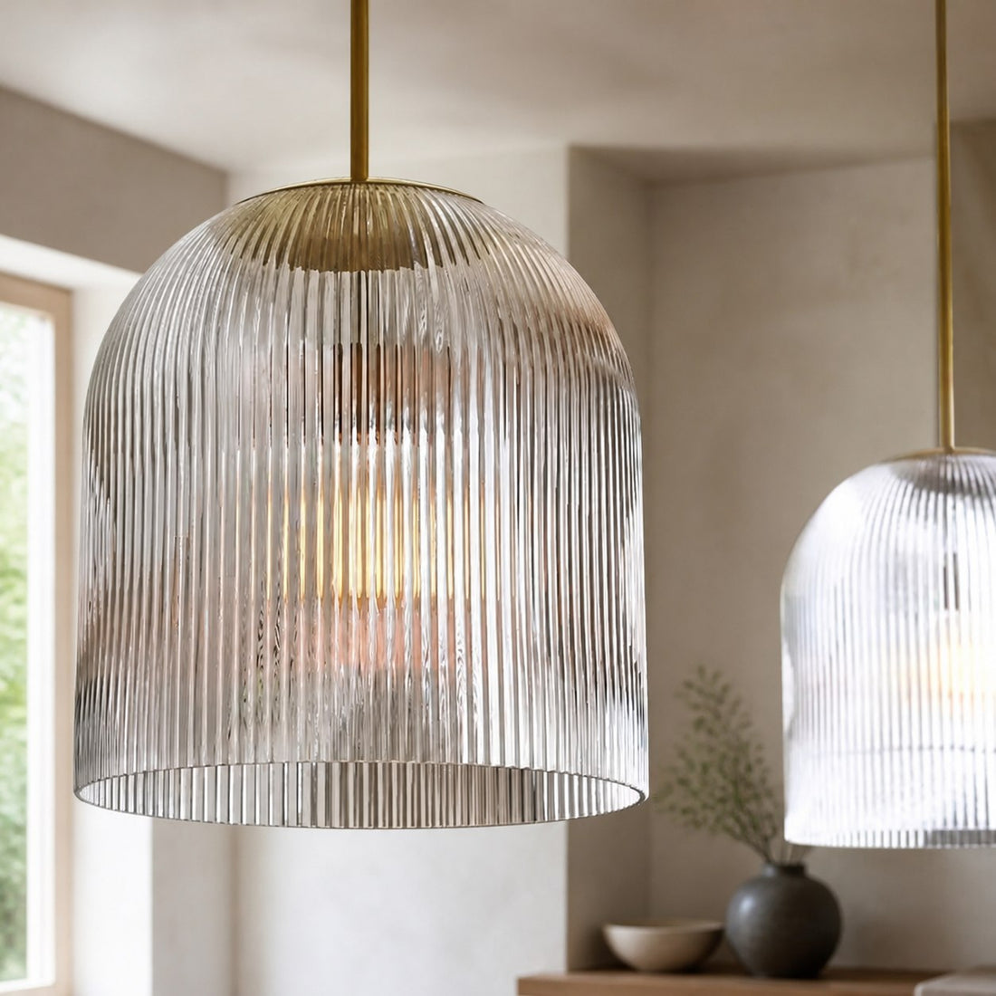 Alain Farmhouse Cooper Ribbed Glass Pendant Light