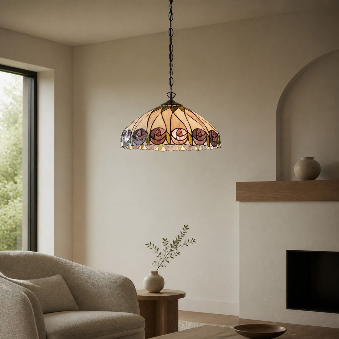 TF Hutchinson Tiffany Glass Pendant Light with Artistic Mosaic Design for Dining and Living Spaces