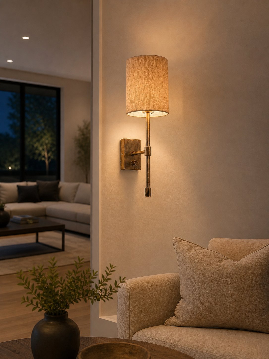 Atticus Fabric Shade Wall Sconce - Modern Brass Wall Light for Bedroom and Hallway
