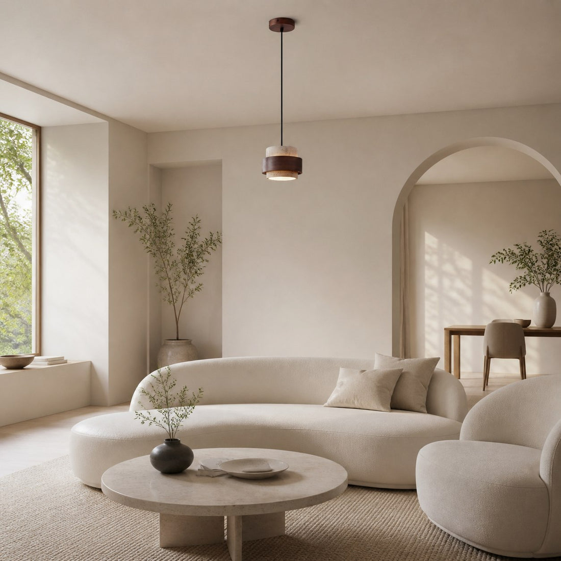 Stonel Contemporary Travertine Cylinder Pendant Lamp with Wood Frame U14