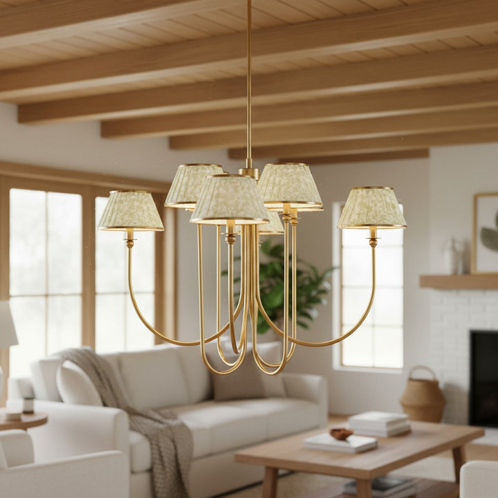 Ruchee Chandelier – Layered Fabric Shade Brass Ceiling Light for Dining or Living Spaces