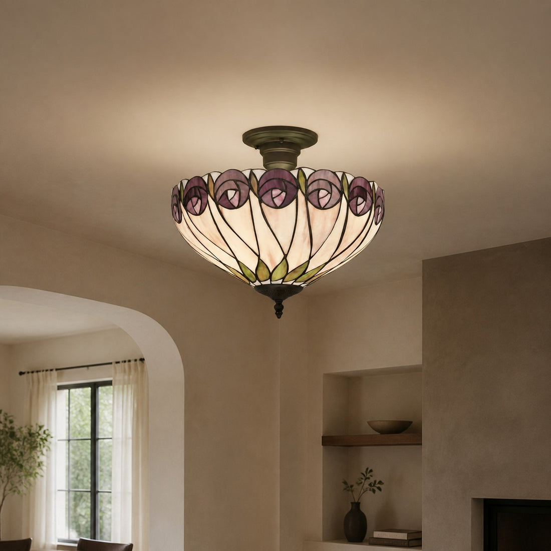 TF Hutchinson Tiffany Ceiling Light with Mackintosh Rose for Living and Dining Rooms