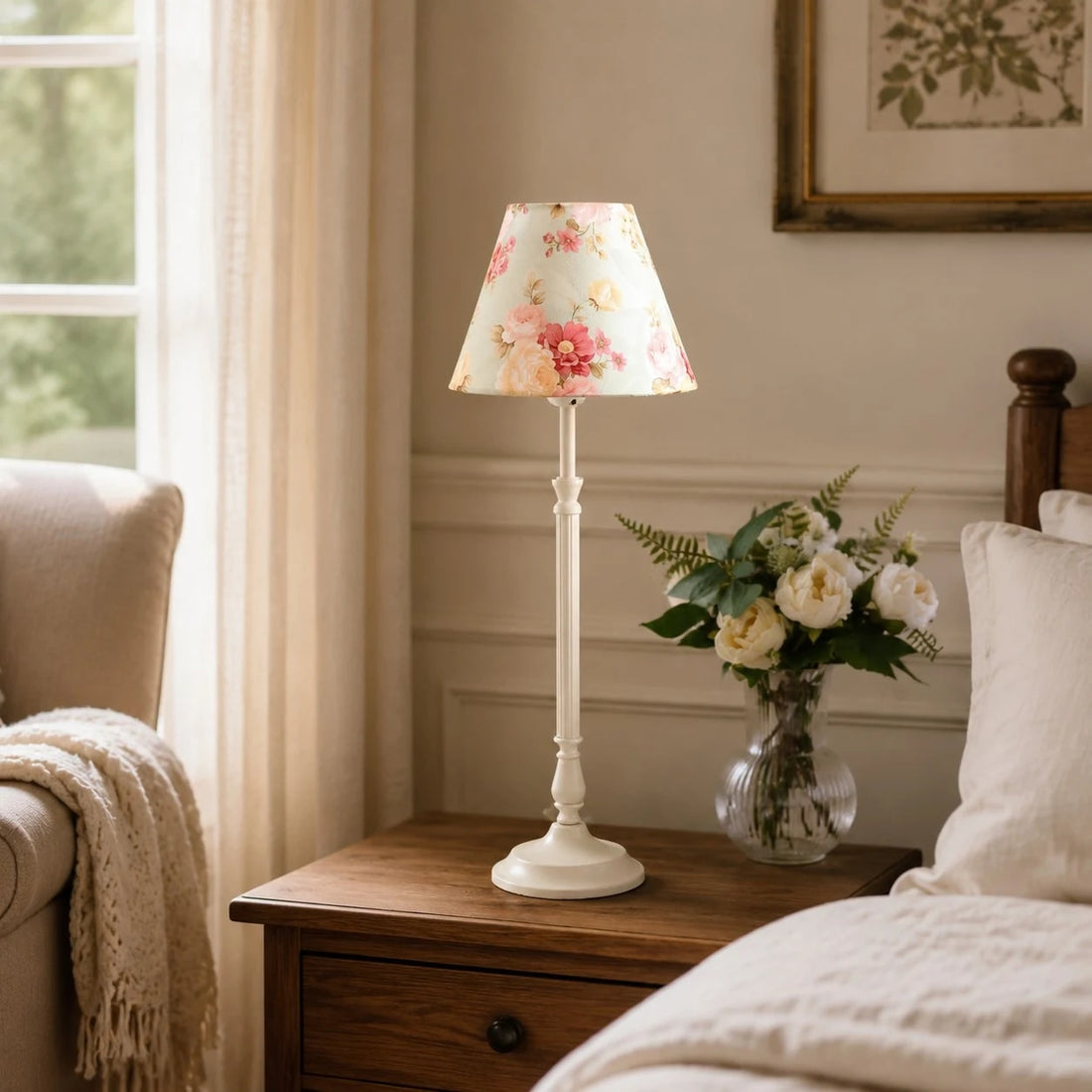 Blue floral French country table lamp in a bedroom