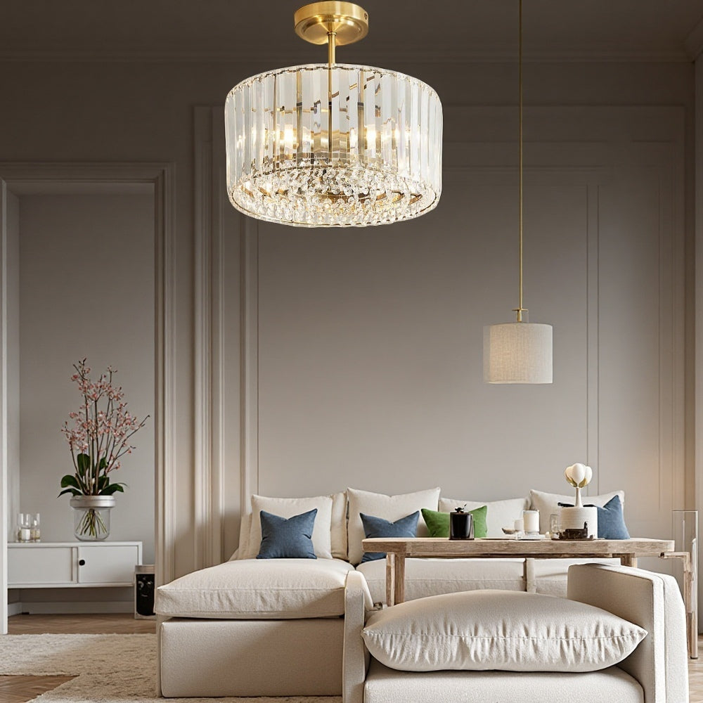 Crus Semi Flush Crystal Ceiling Light - Brass Glass Light For Bedroom