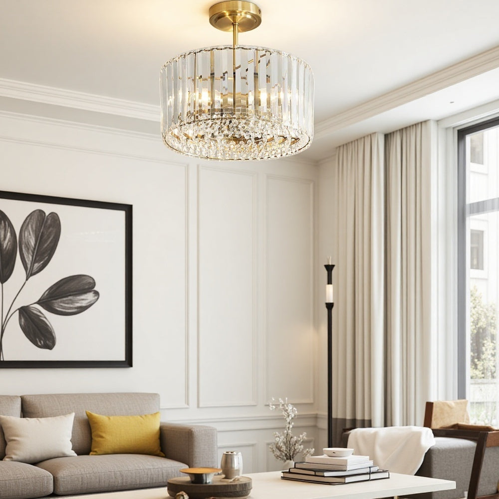 Crus Semi Flush Crystal Ceiling Light - Brass Glass Light For Bedroom